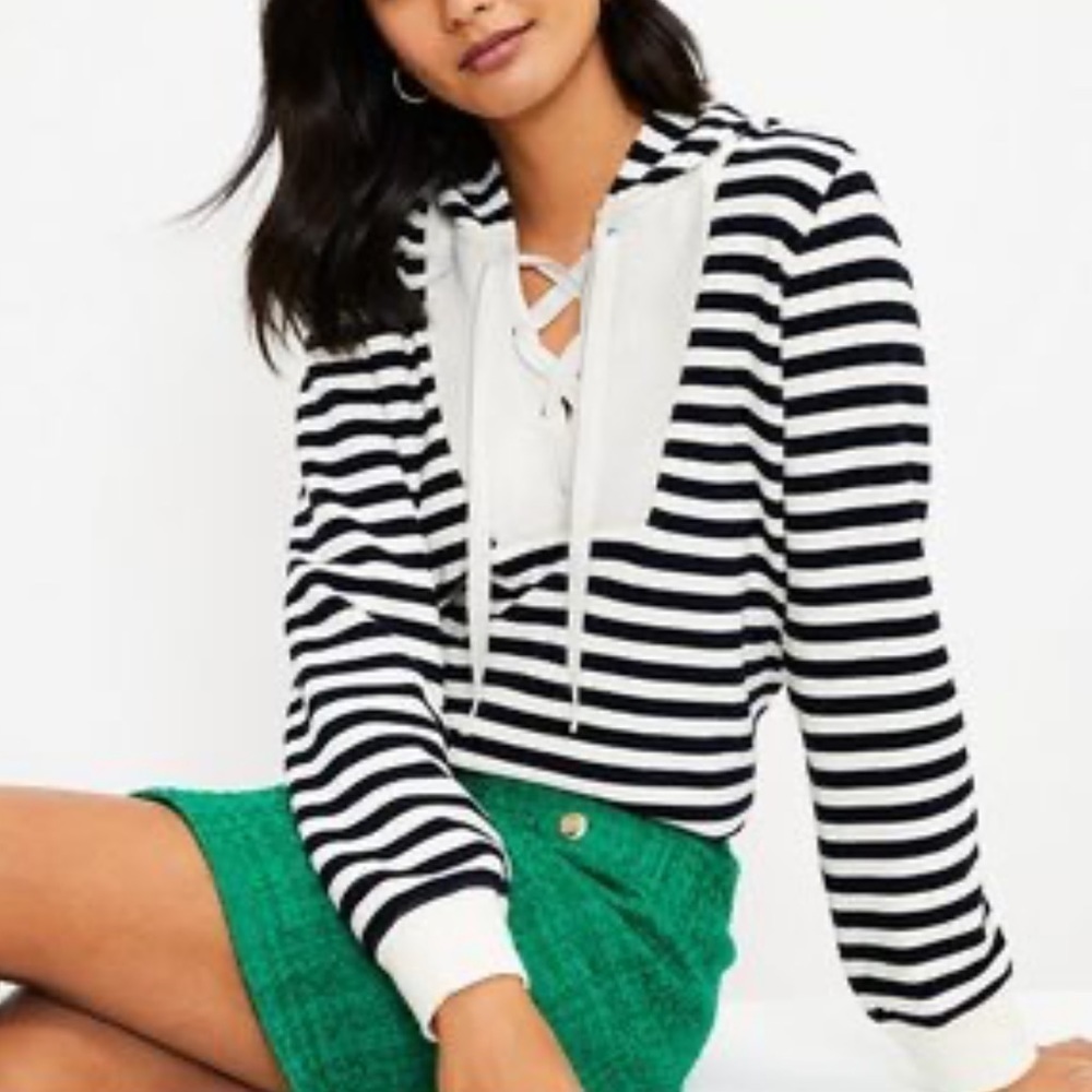 NWT Loft Striped Hooded Lace Up Sweatshirt Blue & White Striped